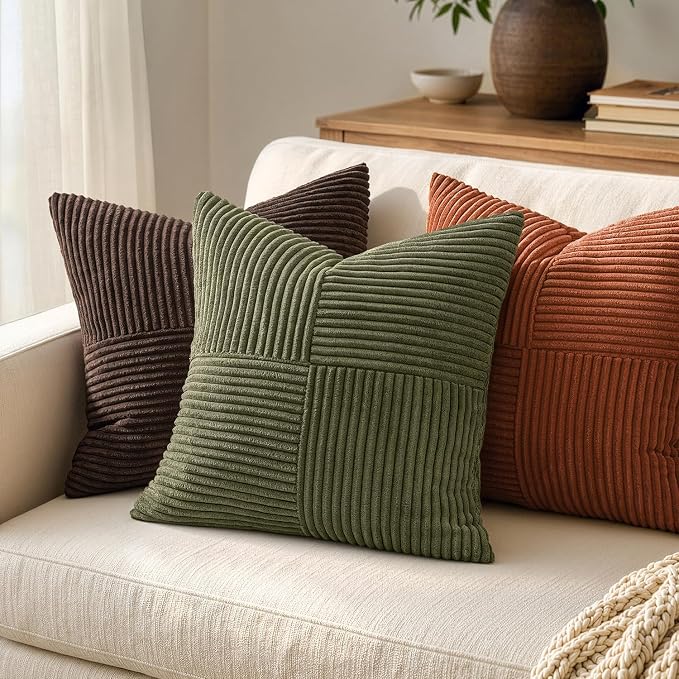 MIULEE Olive Green Decorative Throw Pillow Covers for Couch 20x20 Inch | 2 Pack, Boho Farmhouse Pillow Covers, Soft Cross Corduroy Patchwork Textured Cushion Cases For Bed Sofa