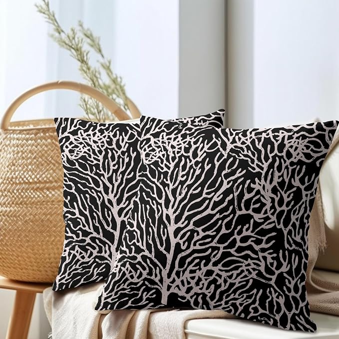 Nautical Coastal Coral Pillow Covers 16x16 Inch Set of 2 Summer Ocean Beach Black Decorative Pillow Cases Outdoor Linen Cushion Cover Farmhouse Decor for Bedroom Home Sofa Couch Bed
