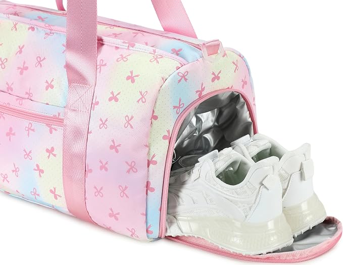Gym Bag Sports Duffle Bag with Wet Pocket Weekender Overnight Bags with Waterproof Shoe Pouch and Air Hole for Girls Kids Women Workout Travel Bags (Bow Rainbow)