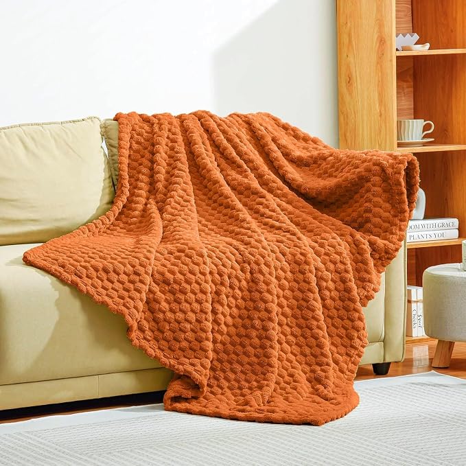 Excervent Hexagon Jacquard Throw Blanket for Bed, 50x60 Inch, Burnt Orange | Decorative Fuzzy Flannel Fleece Throw Blanket for Sofa Bed Couch, Super Soft Cozy, Suitable for All Seasons