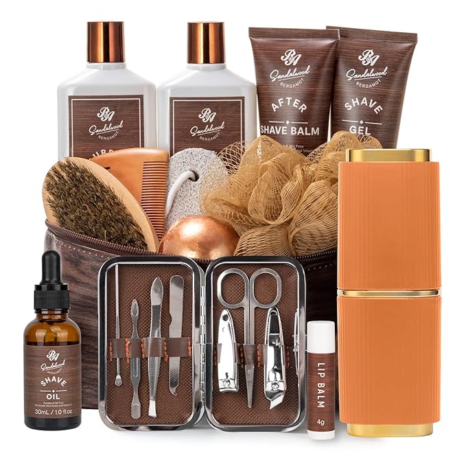 21 Pcs Sandalwood Bath & Body Care Gift Basket Set for Men, Father's Day Gifts for Dad, Men Skin Care Gift Set, Leather Bag, Home Spa Kit, Birthday,Anniversary, Christmas, Boyfriend