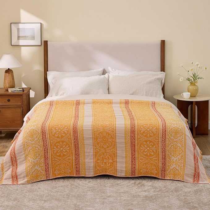 100% Cotton Boho Throw Blanket for Home Decor – Classic Farmhouse Quilt Bedding, Muslin Blankets for Adults, Vintage Woven Decorative Blanket for Couch, Bed Layering Use, Bohemian Stripe, 90"x90"
