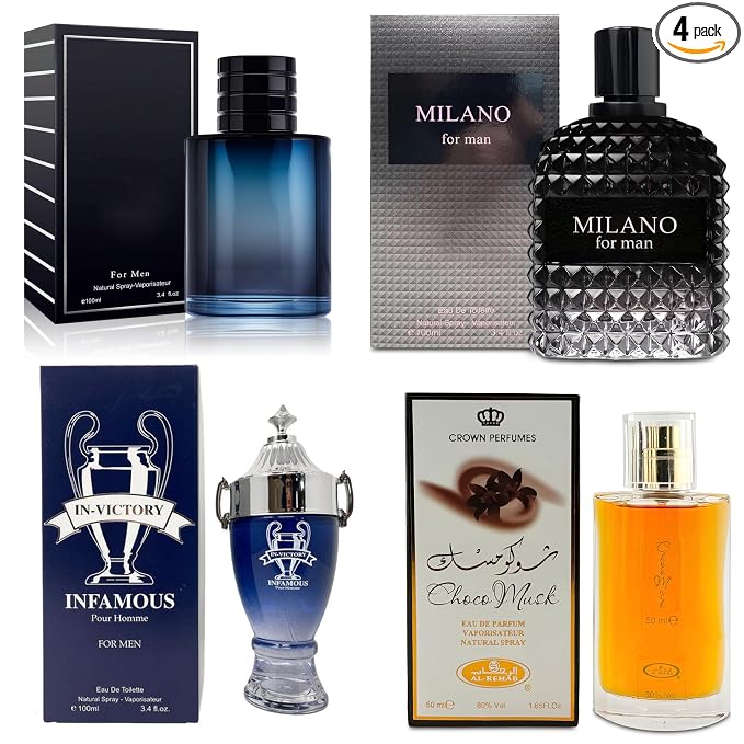 AFLUXE 4-Piece Cologne for Men Includes Choco Musk/SE/Victory Infamous/Milano Scent of Woody, Spicy, Citrus & Aromatic eau de parfum Men Gift Set Each 100Ml for Daily Use