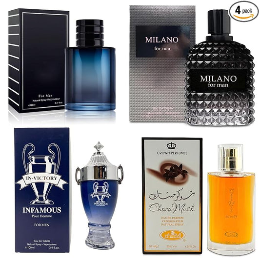 AFLUXE 4-Piece Cologne for Men Includes Choco Musk/SE/Victory Infamous/Milano Scent of Woody, Spicy, Citrus & Aromatic eau de parfum Men Gift Set Each 100Ml for Daily Use