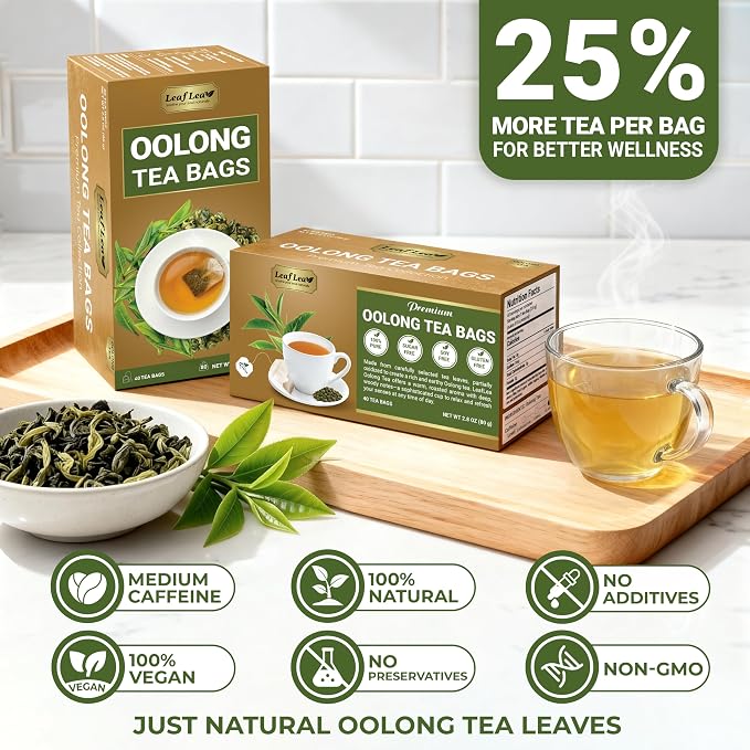 LeafLea Oolong Tea Bags, 100% Pure Leaves, Smooth Toasted Notes, Sugar-Free | 40 Te Oolong Bags, Whole Camellia Sinensis Leaves, Golden Amber Cup, Light Roast Aroma, Caffeinated, Individually Wrapped