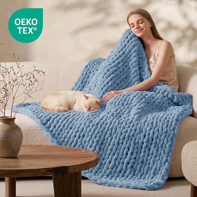 L'AGRATY Chunky Knit Throw Blanket for Couch, 50 x 70 Inches, Airy Blue | Handmade Chenille Crochet Blanket for Sofa Bed, Thick Cable Knitted Blankets for Room Home Decor, Birthday Gift for Women Mom