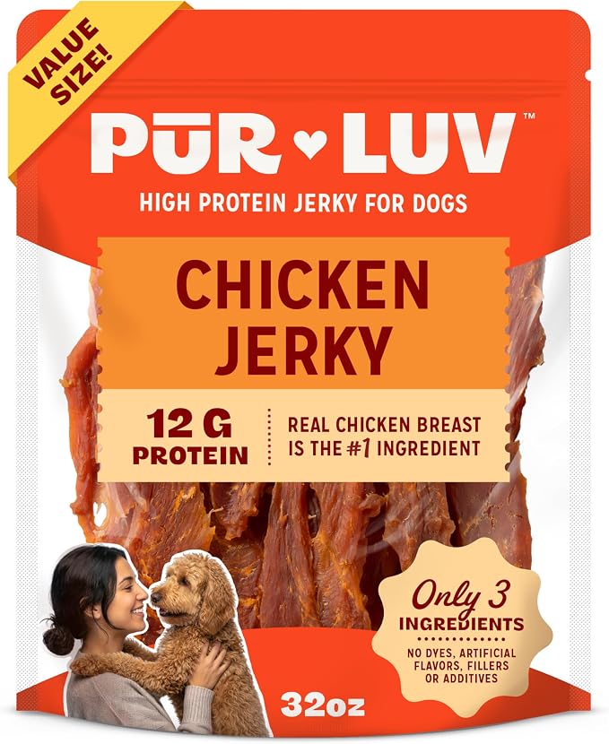 Pur Luv Chicken Jerky Dog Treats, Made with 100% Real Chicken Breast, 32 Ounces, Healthy, Easily Digestible, Long-Lasting, High Protein, Satisfies Dog's Urge to Chew | 3-ingredient jerky: whole-muscle chicken breast, 12g protein/treat; no dyes, fillers...