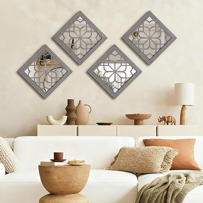 Set of 4 Boho Wall Mirrors with Carved Floral Design, 12x12 Inch Rustic Farmhouse Accent Mirrors, Vintage Style Shatterproof Square Mirror Decor for Living Room, Bedroom(Brown)