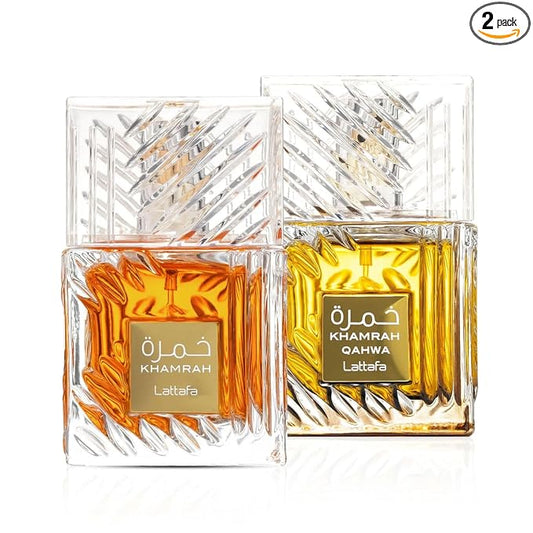 Lattafa Khamrah & Khamrah Qahwa Eau De Parfum Unisex 3.4 Fl Oz | Long-Lasting Arabic Perfume for Men & Women | Luxury Fragrance Gift Set | Spicy, Sweet & Woody Scent