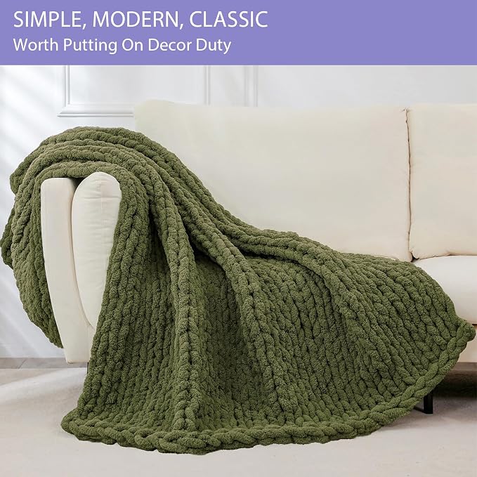 Bigacogo Chunky Knit Throw Blanket for Couch, 40x60 inches, Yellow Green | Hand Knit with Jumbo Chenille, Soft Breathable Cable Knit for Sofa Bed Living Room, Machine Washable, Gift for Mom Friend