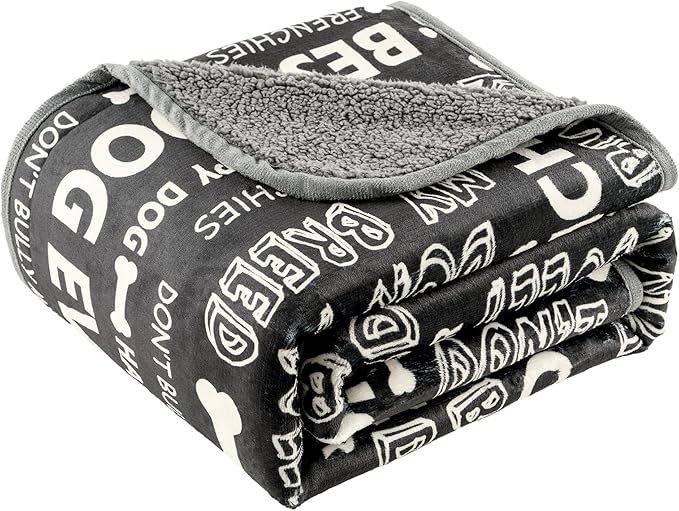 Washable Waterproof Dog Blankets for Large Dogs 50"x60" Grey | Soft Fluffy Pet Blanket for Couch Sofa Car Crate Bed Protector, Reversible Sherpa Fleece Dog Blanket, Letter Pattern