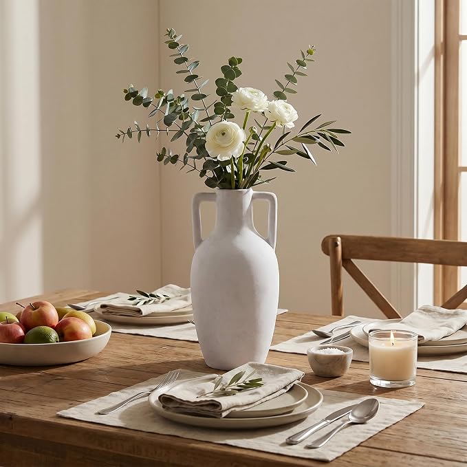Ceramic Flower Vase with Handles, 12.8 inch Tall Ceramic Vase Farmhouse Rustic Vases Decorative Pottery Vases Large Floor Vase for Home Decor Living Room Table Bookshelf Centerpiece Fireplace, White