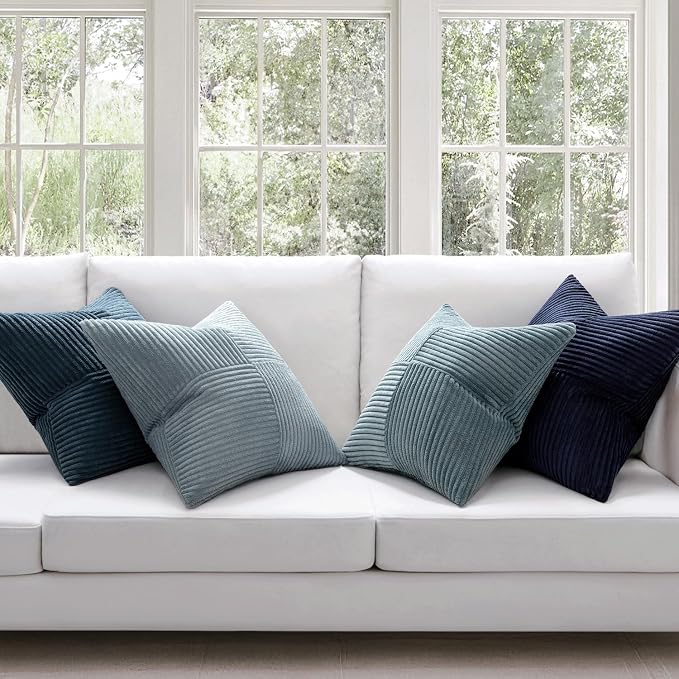 MIULEE Dusty Blue Navy Farmhouse Throw Pillow Covers 20x20 Inch Set of 4 Boho Patchwork Gradient Cushion Cases Western Modern Pillow Cases Corduroy Home Decor for Couch Sofa Living Room Bed