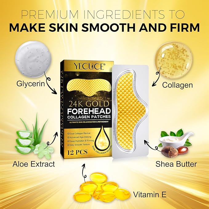 24K Gold Forehead Patches, 20 Minute Wrinkle Smoothing Patches with Dual Collagen & Hyaluronic Acid, Anti Aging Face Patches for Visible Results, Luxury Skin Care Treatment for Fine Lines (12 Pcs)