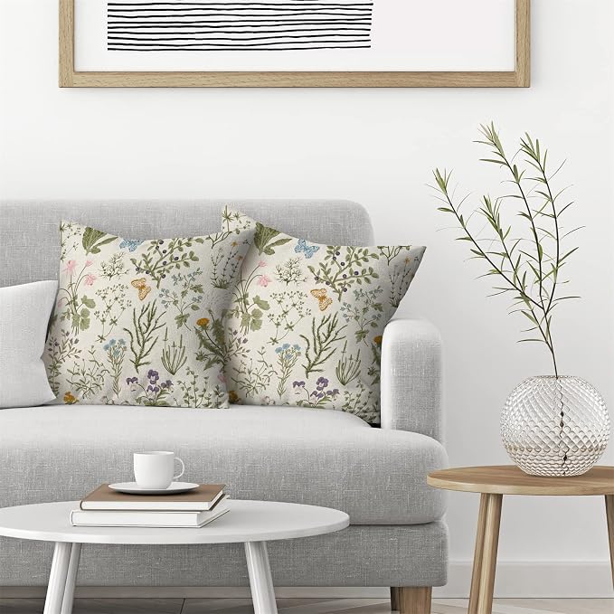 Spring Sage Green Wild Flower Pillow Covers 18x18 Set of 2 | Plant Throw Pillows Case Seasonal Floral Outdoor Decorative Linen Farmhouse Decor Cushion Covers for Home Sofa Bed Couch