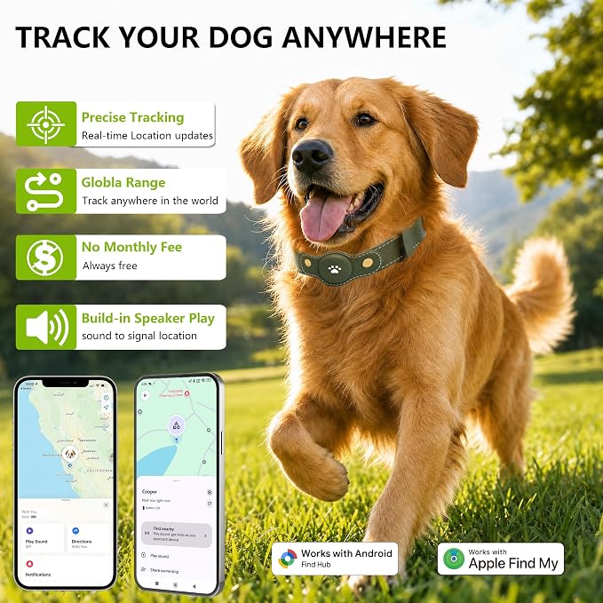 GPS Tracker for Dogs – Smart Dog Collar & Pet Tracker with Real-Time Location, No Monthly Fee, Unlimited Range (iOS & Android) – Fits Small to Large Dogs(Locator Included) (Deep Green)