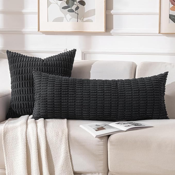 Fancy Homi Decorative Throw Pillow Covers for Bed Couch Bedroom Bench, Soft Corduroy Solid Pillow Case, Rustic Farmhouse Boho Room Decor,36" x 14" (Pack of 1),Black