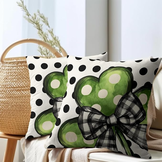 Kawani St Patricks Day Pillow Covers 16x16 Set of 2 Green Lucky Shamrock Leaf Polka Dots Pillowcase Cotton Linen Square Cushion Case for Couch Sofa Bedroom Living Room Outdoor Decor