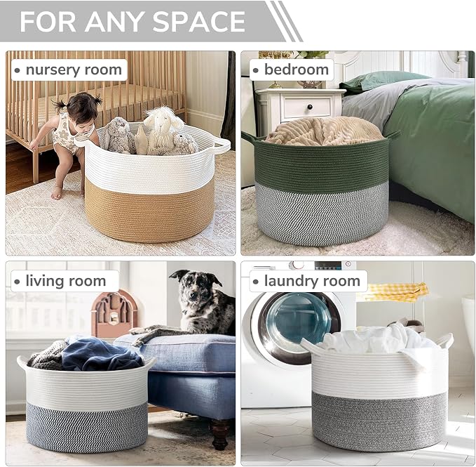 INDRESSME XXXLarge Woven Rope Blanket Basket Living Room Light Grey, 90L | 21.7" x 13.8" Storage baskets for toys laundry & pillows. Fits living room, bedroom or nursery décor. Soft-touch with handles