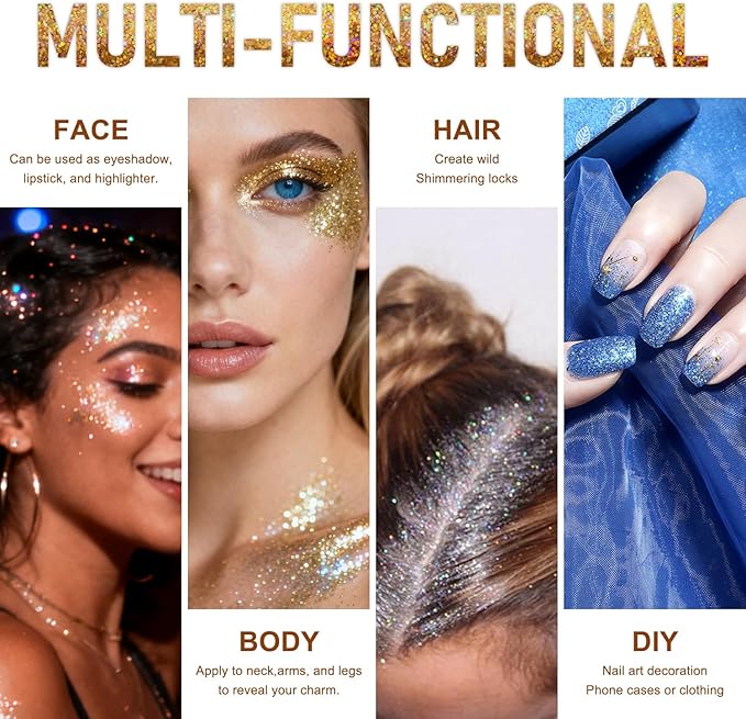 Roll-on Holographic Body Glitter Gel for Face and Hair, Chameleon Color Changing Glitter Gel Under Light, Chunky Mermaid Sequins Festival Party Rave Accessories Body Shimmer Makeup (Champagne)