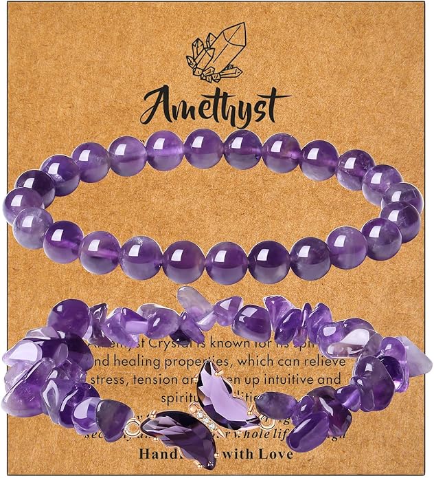 DUQGUHO 2Pcs Butterfly Bracelets for Women Healing Crystals Bracelets for Women Natural Gemstone Bead Bracelet Cute Butterfly Charm Bracelet Stretch 8mm Crystal Jewelry Gifts for Women