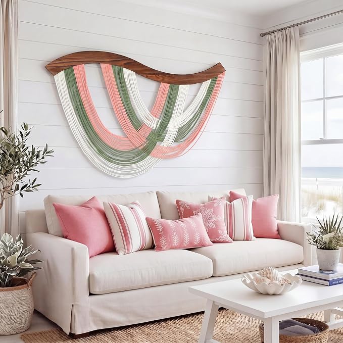 Blush Pink, Sage Green & White Macrame Wall Hanging Dip Dyed Yarn Wall Art | Handmade Cotton Rope Tapestry for Bedroom, Living Room, Nursery, 31.5 x 23.6 Inch