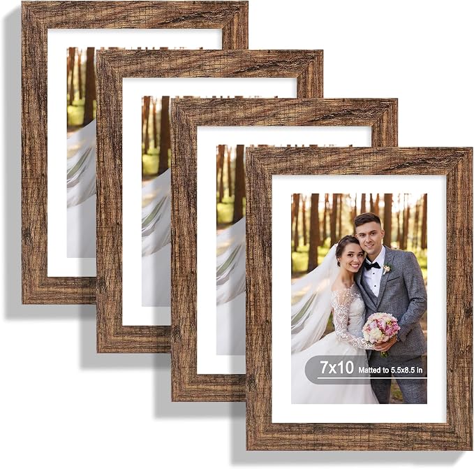 Hongkee 7x10 Picture Frame Set of 4, Made of Real Glass and Rustic Brown Frame - Display 5.5 x 8.5 Diploma Frame with Mat or 7x10 Without Mat, 7 by 10 Photo for Wall or Tabletop