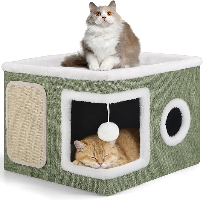 Shikha Cat House Bed for Indoor Cats with Fluffy Ball and Scratch Pad Green | Foldable Large Cat Cave Hideaway with Cozy Condo, Hide and Seek Window, Holds Up to 30LBS, All Season Reversible Cushion
