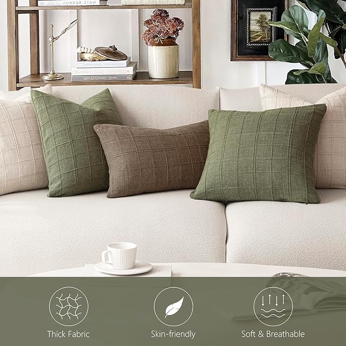 Foindtower Set of 2 Decorative Linen Check Throw Pillow Covers Neutral Farmhouse Vintage Cushion Covers Modern Boho Home Decor for Sofa Chair Couch Bedroom Living Room,26×26 Inch,Sage Green