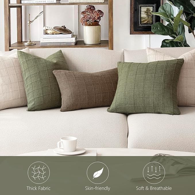 Foindtower Set of 2 Decorative Linen Check Throw Pillow Covers Neutral Farmhouse Vintage Cushion Covers Modern Boho Home Decor for Sofa Chair Couch Bedroom Living Room,16×16 Inch,Sage Green