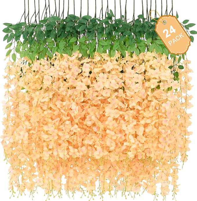 24 Pack Wisteria Hanging Flowers, 3.6 Feet Champagne Wisteria Artificial Flowers, Artificial Fake Flower Garland, Hanging Vines for Bedroom Wedding Home Party Wall Decor (Champagne, 24pcs)