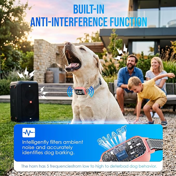 Dog Bark Collar, Auto Anti Barking Collar for Large Medium Small Dogs 11-120lbs, 7 Sensitivity Levels, 5 Safe Training Modes, Humane Bark Training Collar, No Shock Option Pink