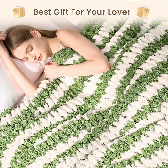 L'AGRATY Chunky Knit Throw Blanket for Couch, 60 x 80 Inches, Green White | Handmade Chenille Crochet Blanket for Sofa Bed, Thick Cable Knitted Blankets for Room Home Decor, Birthday Gift for Women Mom