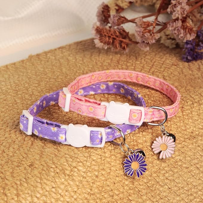 Cat Collars for Girl Cats & Boys, 2 Pack Soft Cotton Breakaway Collar with Removable Bell and Cute Charms, Adjustable Safety Pet Necklace, Daisy