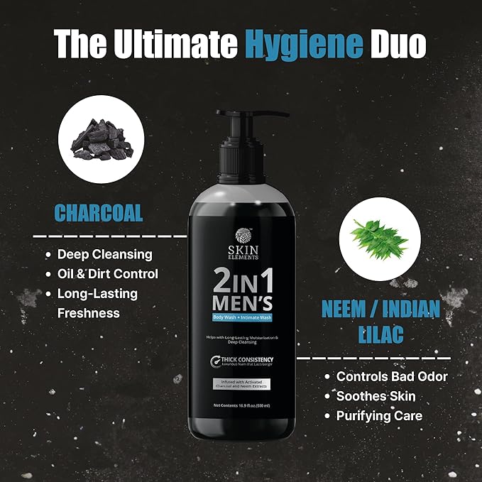 Skin Elements 2-in-1 Body Wash & Intimate Wash for Men| Deep Cleansing Shower Gel| Infused with Activated Charcoal & Neem Extracts| Thicker Consistency | Controls Odor| All Skin Types | 16.9 fl oz
