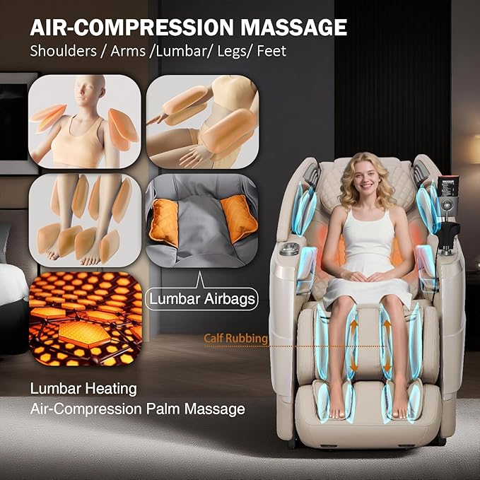 4D Zero Gravity Massage Chair with Deep Tissue Knead & Body Scan - 55" SL-Track Full Body Shiatsu Massage Recliner with Heating, 36 Airbags & Voice Control - 18 Auto Modes & 11 Techniques (Beige)