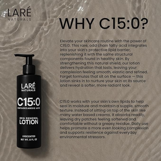 C15:0 Pentadecanoic Acid Supplement Body Lotion - Skin Cellular Benefits - Body Moisturizer for Dry to Very Dry Skin - Vitamin B3 Lotion - 8 fl oz - Unscented