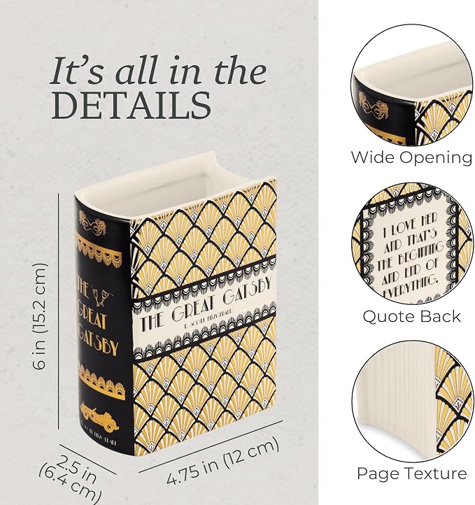Steel Mill & Co. Ceramic Book-Shaped Vase, The Great Gatsby | Original Small Decorative Vases for Home Decor, Cute Classic Bookshelf Decor with Gold Foil, Unique Vase for Book Lovers