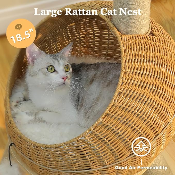 PAWZ Road Dinosaur Cat Tree 46” Cat Scratching Posts with Large Rattan Bed | Modern Cat Furniture with 18.5 Dia Cat Bed and Removable Mat, Themed Cat Tower 5 Scratching Posts for Indoor & Large Cats