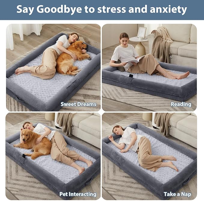 WNPETHOME Human Dog Bed Orthopedic for Adult & Dogs Comfy Sleeping | Washable Waterproof Dog Couch with Removable Cover, Large Pet Sofa Bed with Bolster Sides for Relaxing Dark Gery 71x46 Inch