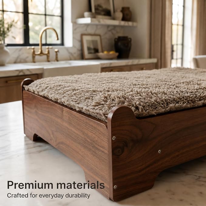 Elevated Wood Dog Bed Frame with Foam Mattress, WalnutPattern, M | Raised Dog Bed with Washable Cover, Furniture-Style Design for Indoor Living