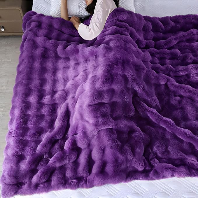 Purple Faux Fur Throw Blanket for Couch, Double-Sided Bubble Textured Plush Blanket with Soft Flannel Back, Decorative Throw for Sofa or Bed, Machine Washable, 50x60 Inches, 860 GSM