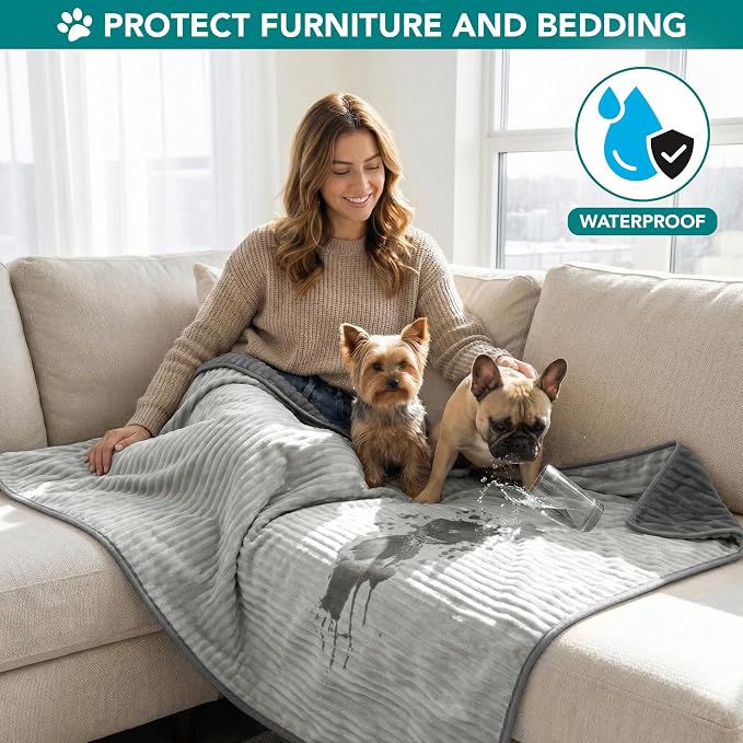 PetAmi Waterproof Dog Blanket, Leakproof Pet Blanket for Small Medium Large Cats, Soft Plush Reversible Sofa Couch Cover Protector, Washable Puppy Throw for Bed Crate, 29x40 in, Grey Light Gray
