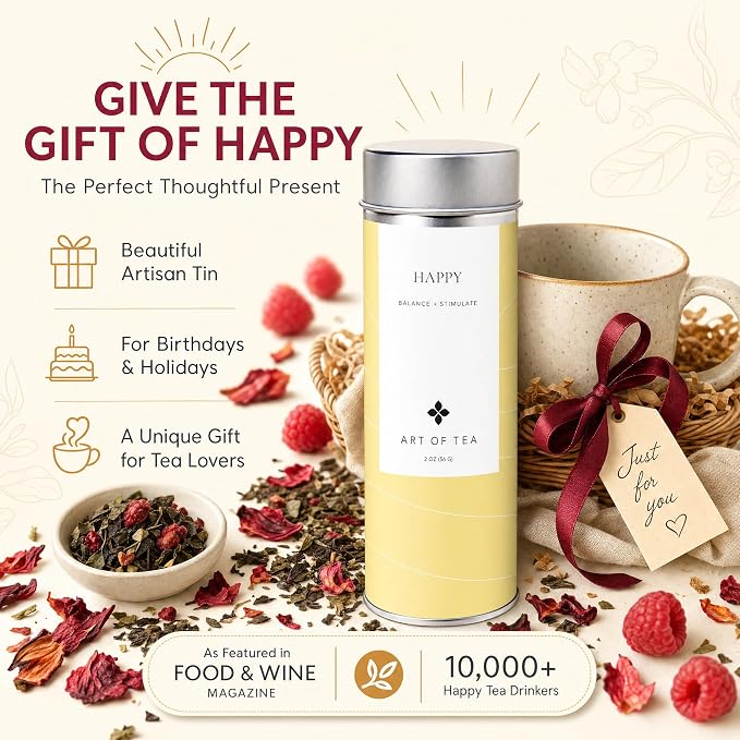 Art of Tea Happy Tea 2oz Loose Leaf Green Tea Tin, Fruity Jasmine Green Tea with Raspberry & Hibiscus, Premium Loose Leaf Tea for Natural Energy Support