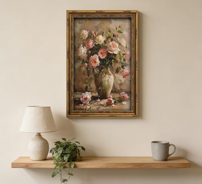 Gold Framed Vintage Floral Canvas Wall Art French Country Painting Picture Wall Decor Vase Flower Arrangement Poster Print Artwork for Living Room Bedroom Bathroom Home Decoration