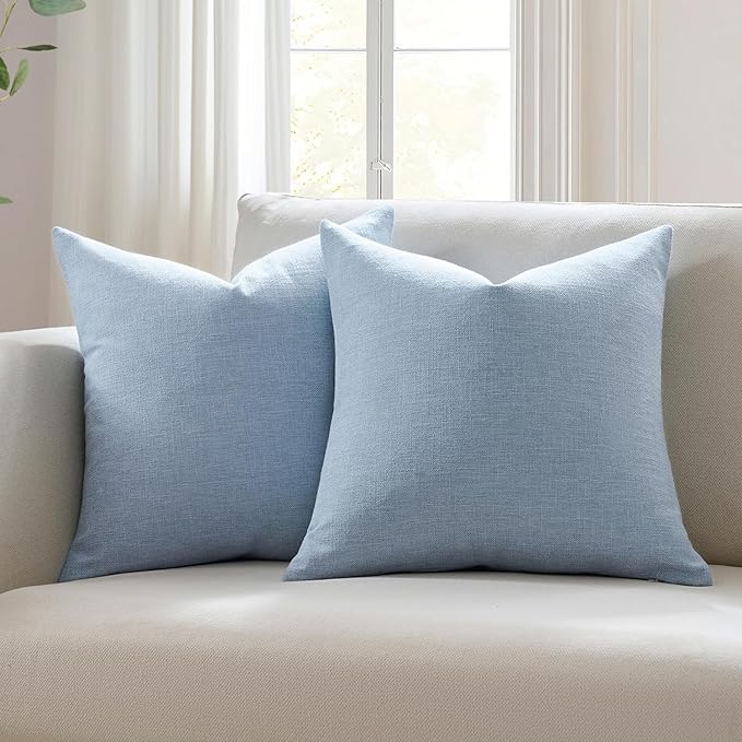 Meekio Set of 2 Sky Blue Throw Pillow Covers 18x18, Coastal Linen Blend Decorative Pillow Covers for Couch Sofa Bed, Beach House Farmhouse Decor