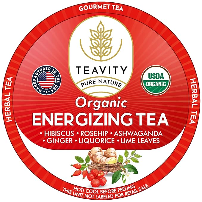 Organic Ashwagandha TeaPods for Keurig with Ginger, Licorice, Hibiscus, Rosehip, & Lime - Decaf HerbalTea - Energizing Tea by Teavity (24 Tea Pods)