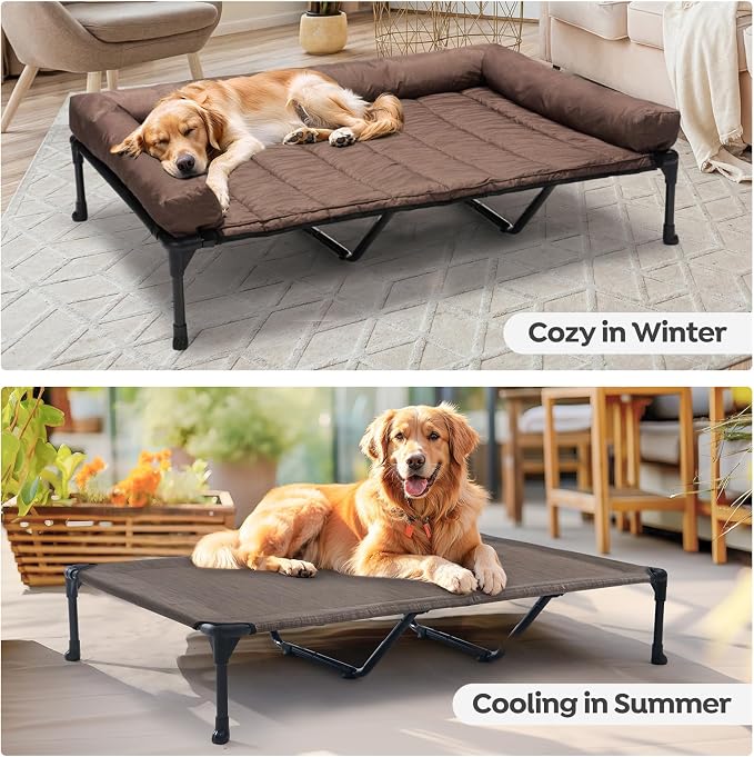 Veehoo Outdoor Elevated Dog Bed with Waterproof Bolster Cushion, Cooling | Raised Dog Bed with Removable & Washable Mat Topper, Breathable Mesh, Dog Couch Cot for Indoor Outdoor, 59", Large, Brown