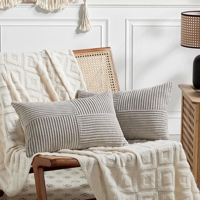 Fancy Homi Neutral Grey Lumbar Decorative Throw Pillow Covers 26x16 Inch for Living Room Couch Bed Sofa, Farmhouse Home Decor, Soft Striped Corduroy Rectangle Accent Cushion Case 40x65 cm