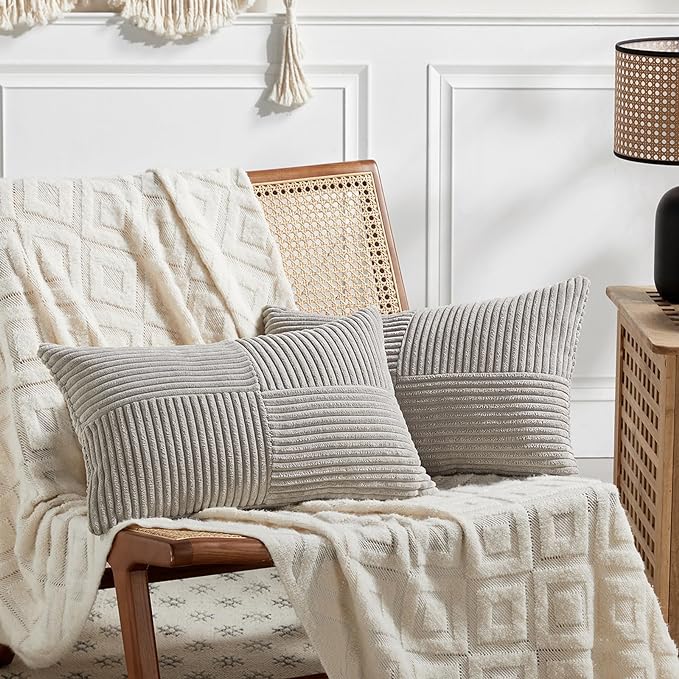 Fancy Homi 2 Packs Neutral Grey Lumbar Decorative Throw Pillow Covers 14x24 Inch for Living Room Couch Bed Sofa, Farmhouse Home Decor, Soft Striped Corduroy Rectangle Accent Cushion Case 35x60 cm